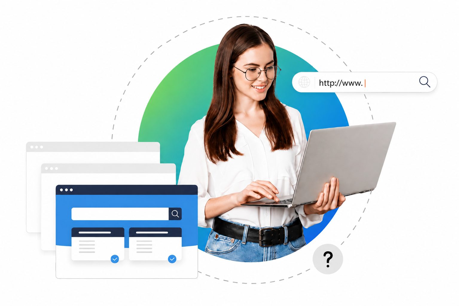 Employee browsing on a laptop, surrounded by browser windows and a URL bar.