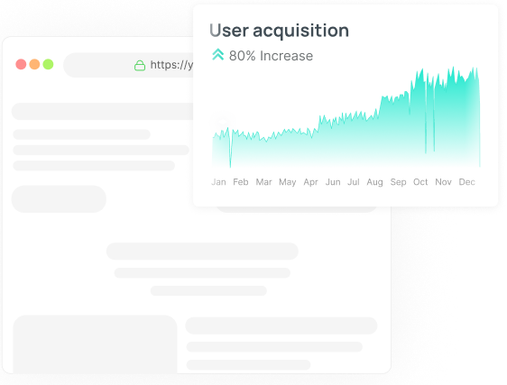 Analytics cards showing a browser session and a user-acquisition chart with an 80% increase